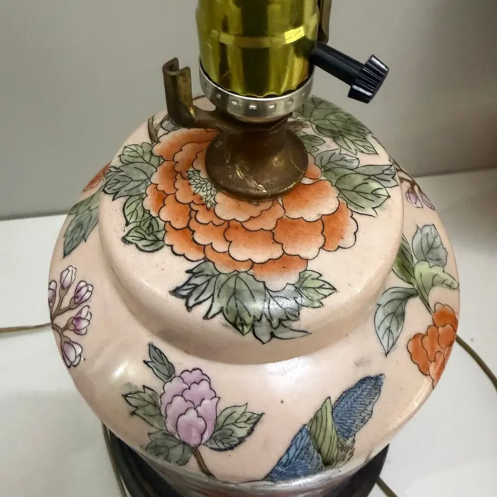 Chinese Ginger Jar Table Lamp Enamel Porcelain Pink Floral Bird Chinoiserie